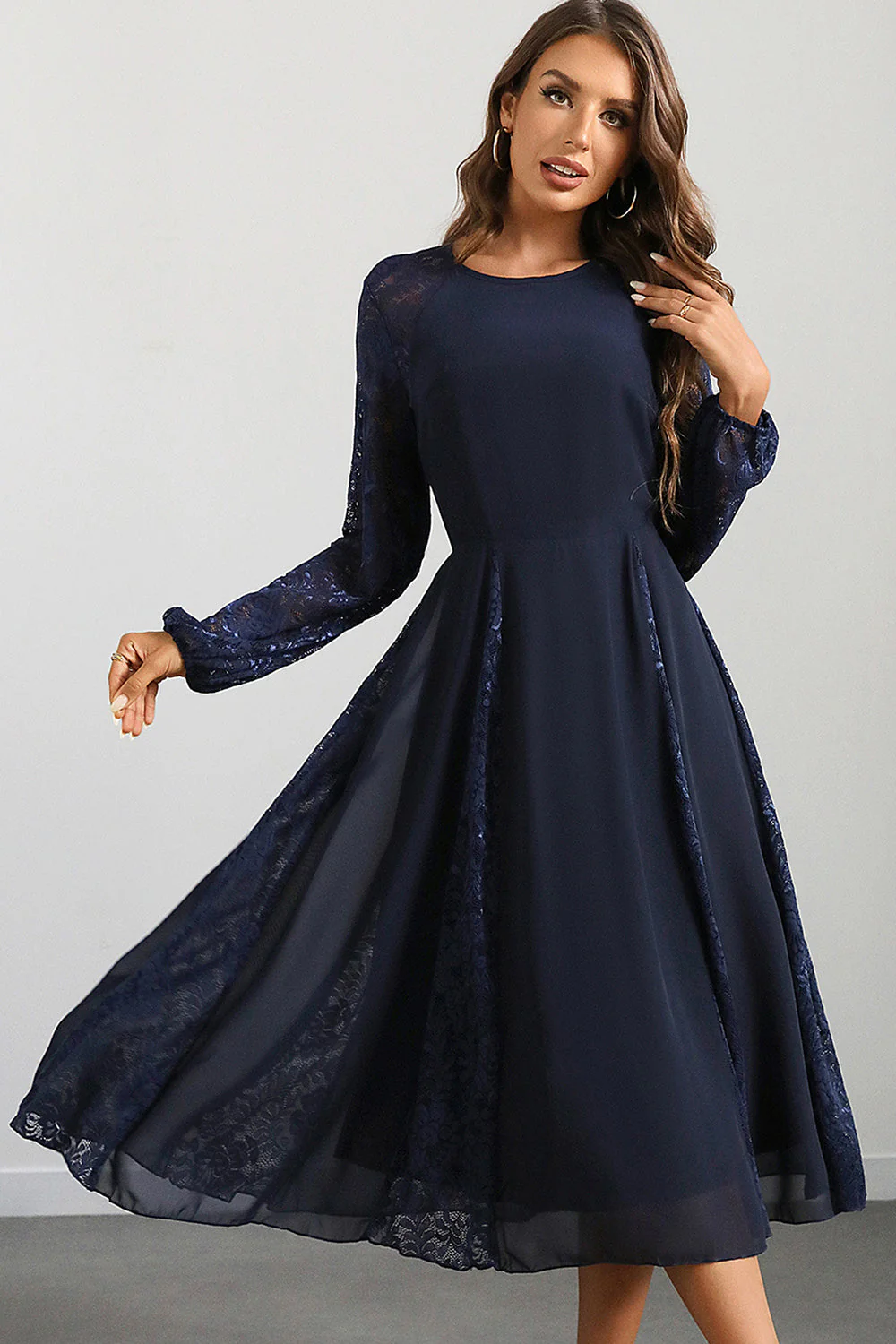 Navy A Line Round Neck Long Prom Dress with Long Sleeves - VNBITS