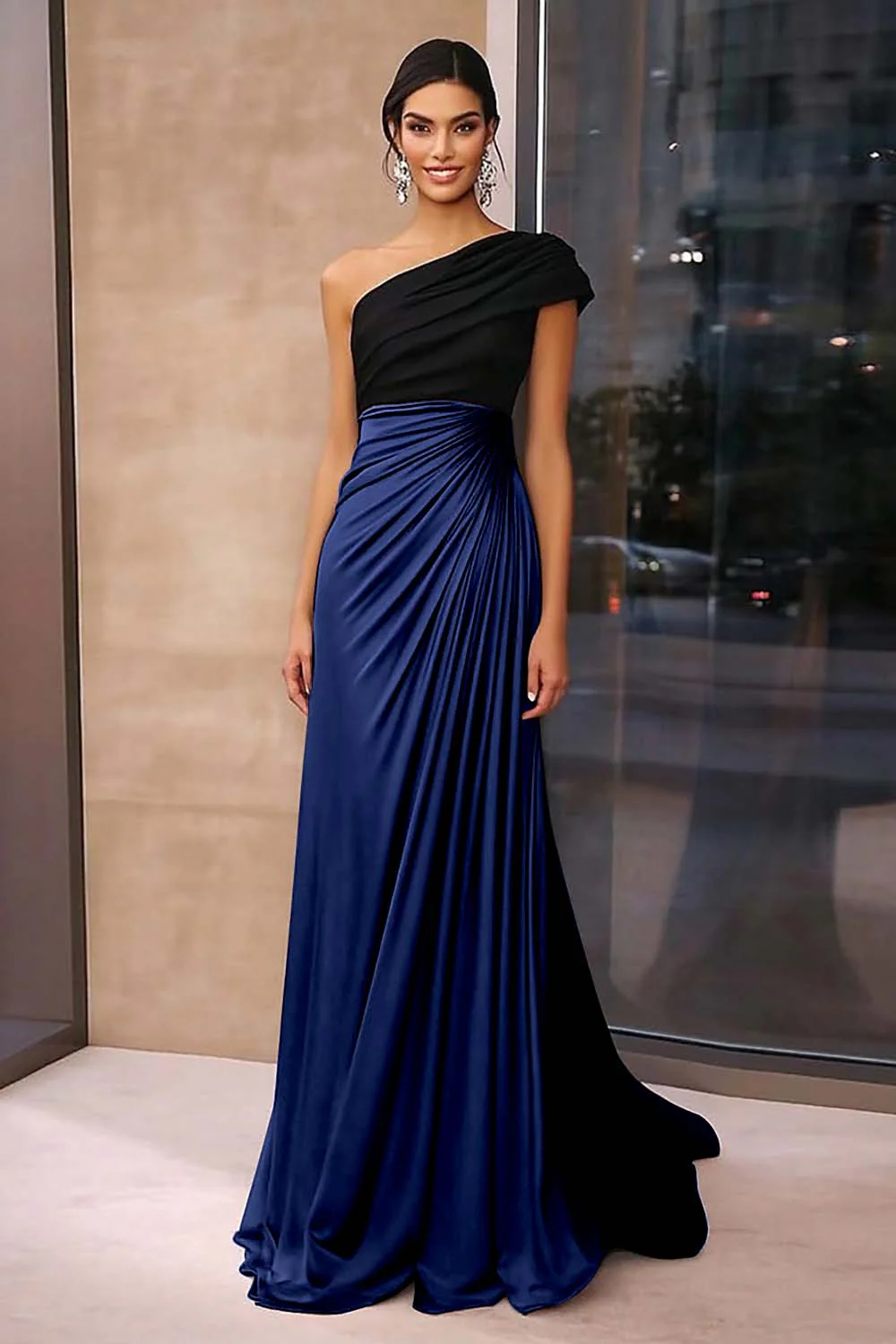 Brown Crepe Sheath Ruched One Shoulder Gala Dress - VNBITS