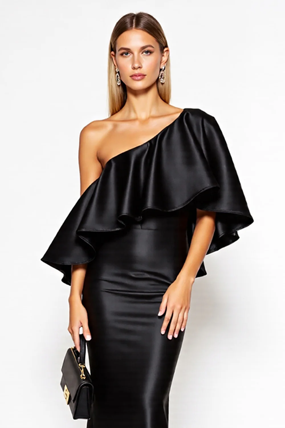 Black Sheath One Shoulder Satin Long Black Tie Dress with Ruffles - VNBITS