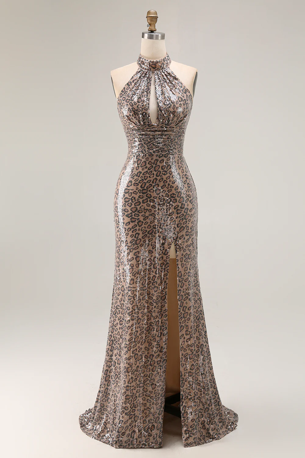 Sparkly Golden Leopard Keyhole Mermaid Sequin Long Prom Dress with Slit - VNBITS