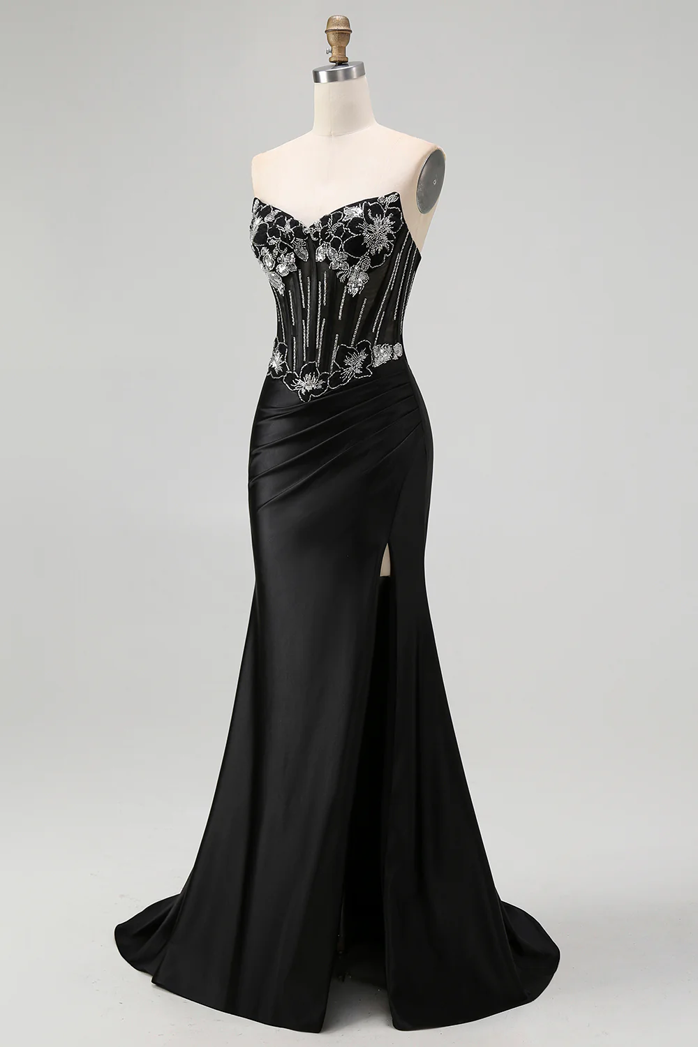 Sparkly Black Corset Mermaid Beaded Long Prom Dress with Slit - VNBITS