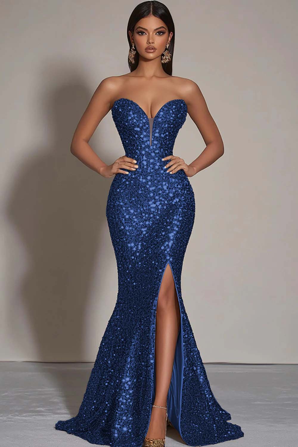 Sparkly Gold Mermaid Long Sequins Formal Dress with Slit - VNBITS