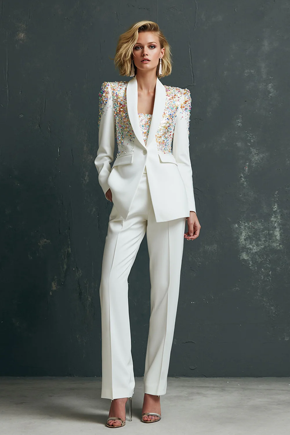 Sparkly 2 Piece Sequins White Shawl Lapel Women Prom Suits with Sleeves - VNBITS
