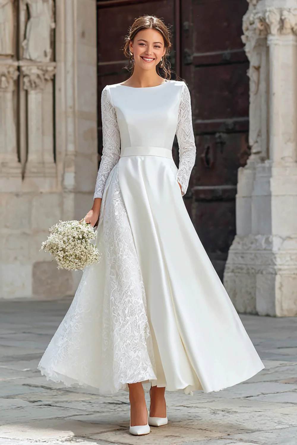 Ivory A Line Boat Neck Long Sleeves Engagement Dress with Pockets - VNBITS