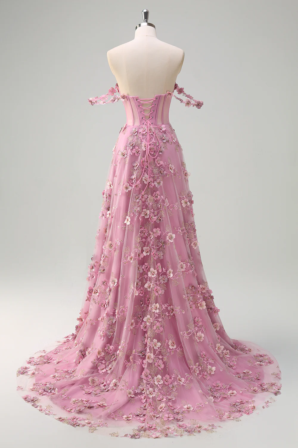 Taro Floral A-Line Off The Shoulder Corset Long Prom Dress with Slit - VNBITS