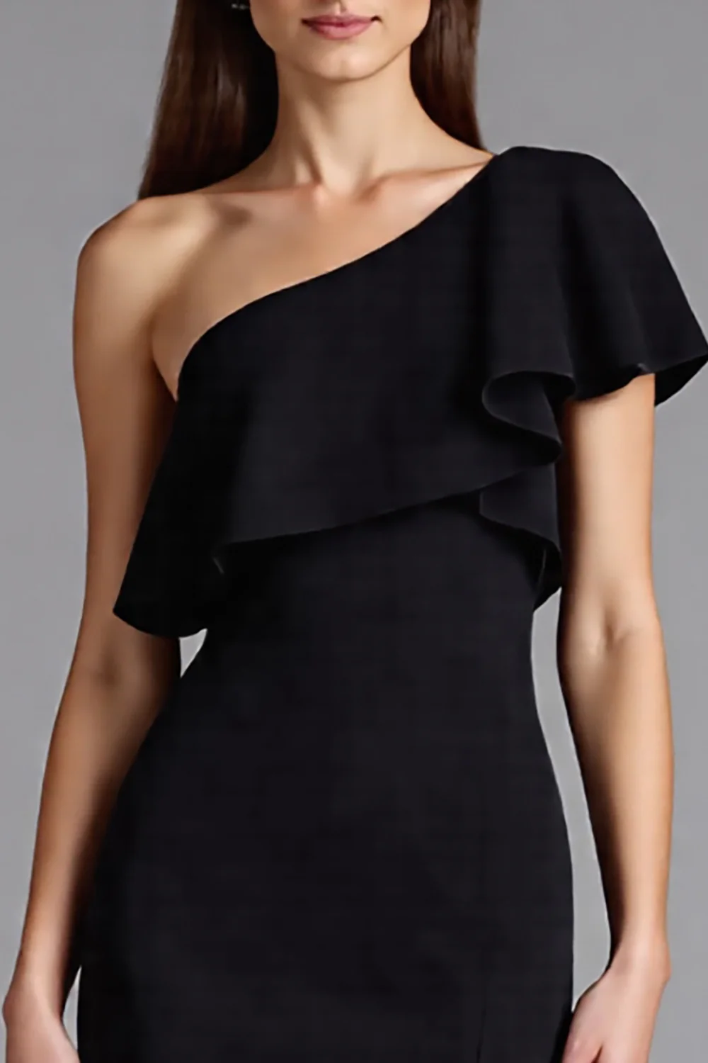 Satin One Shoulder Ruffled Long Black Tie Dress with Slit - VNBITS
