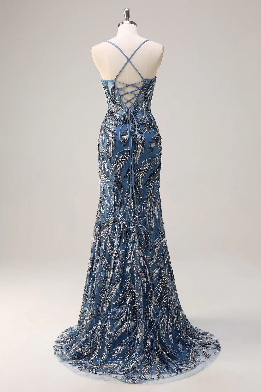 Sparkly Sage Mermaid Sequined Beaded Spaghetti Straps Long Prom Dress - VNBITS