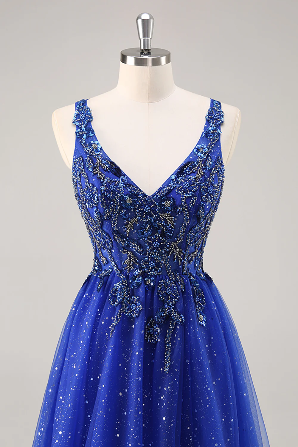 Sparkly Royal Blue Beaded Corset V-Neck Long Prom Dress with Slit - VNBITS