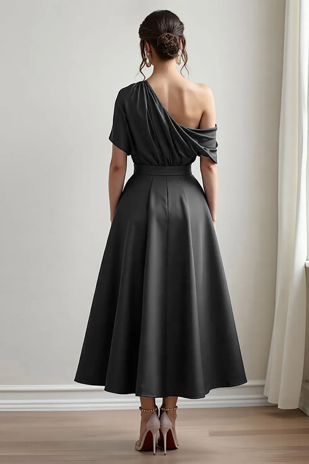Black A Line Long Satin Mother of the Bride Dress with Pockets - VNBITS