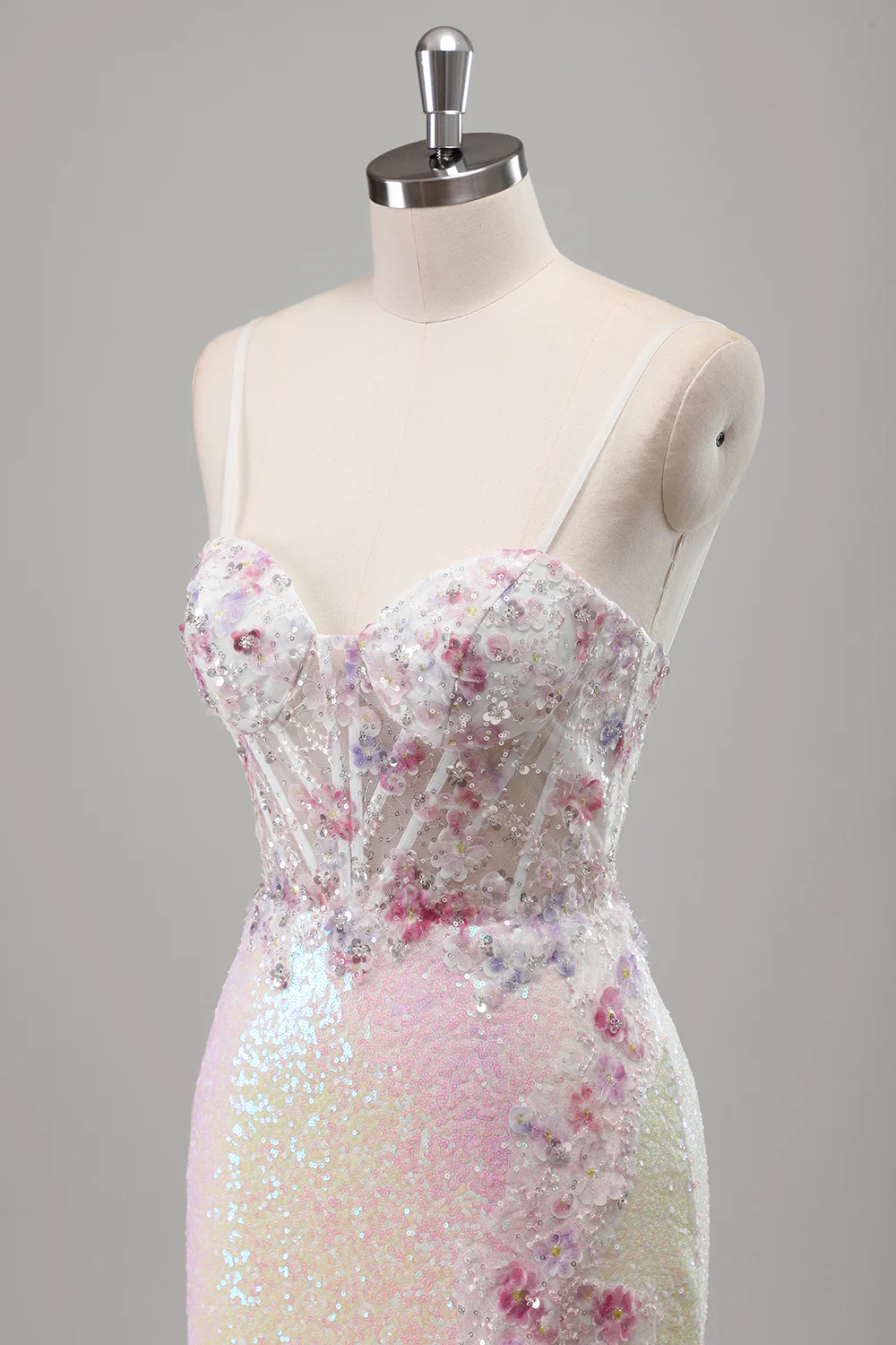 Sparkly Pink Floral Mermaid Sequined Spaghetti Straps Long Prom Dress with Slit - VNBITS