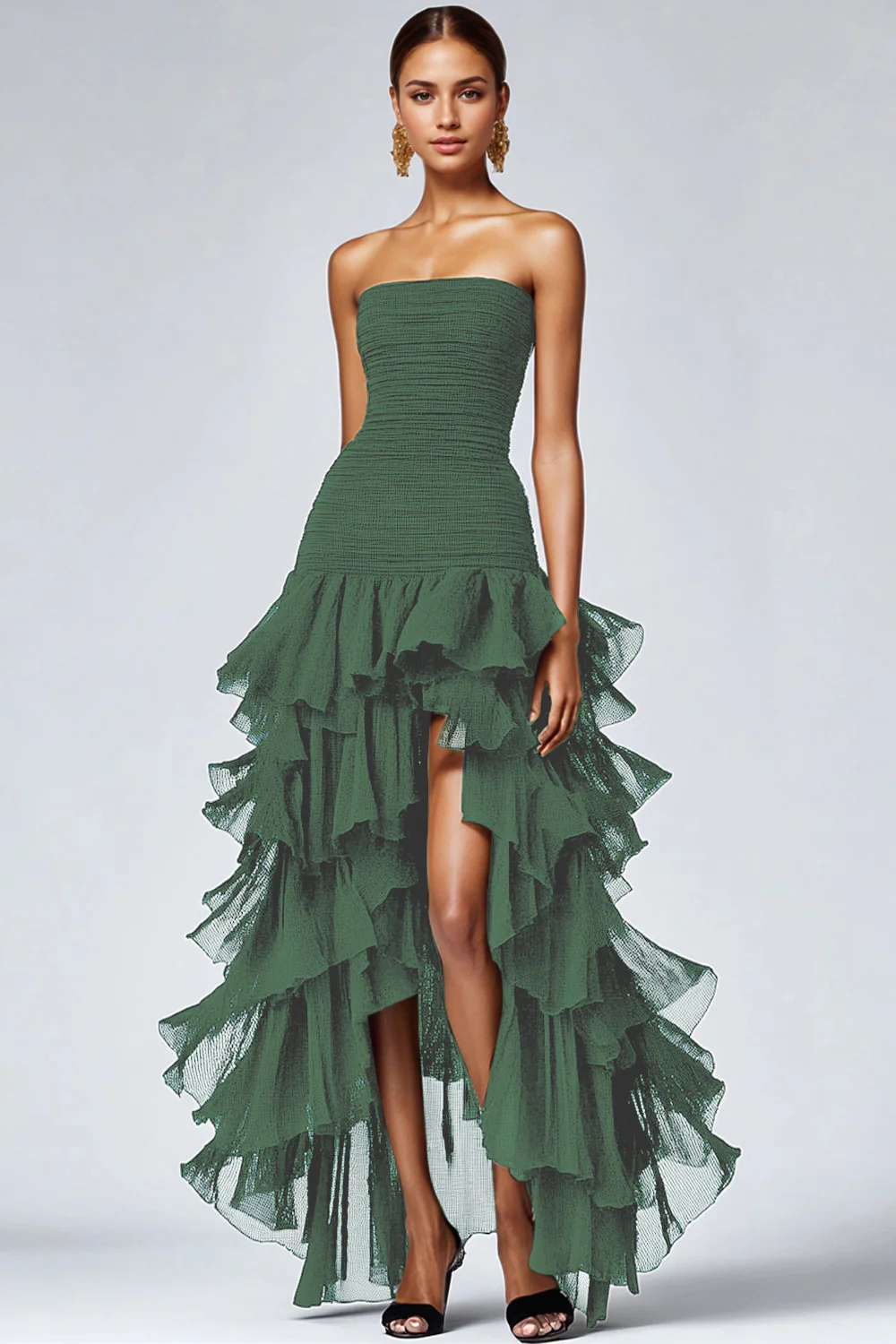 A Line Black Strapless Tiered Formal Dress with Slit - VNBITS