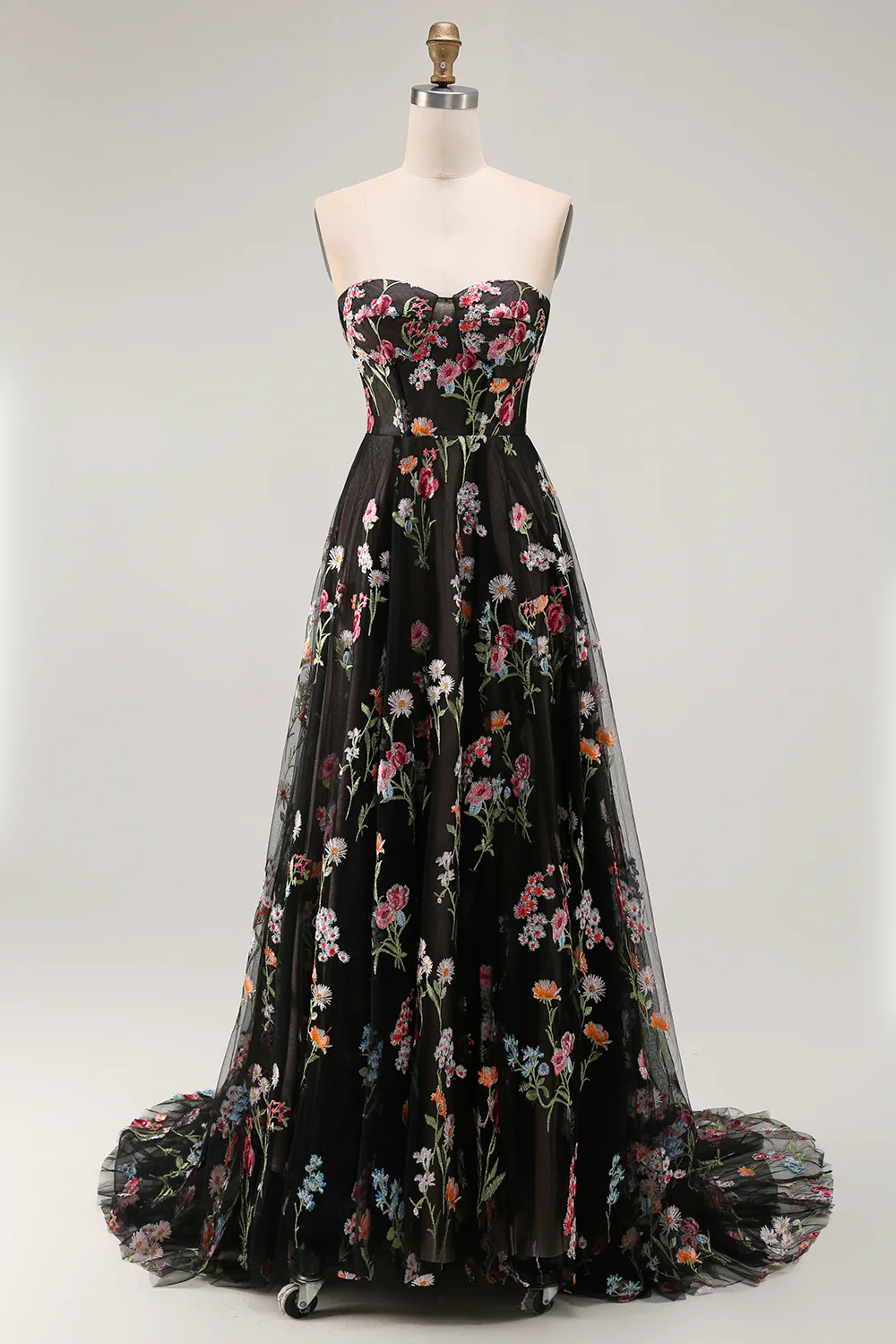 Black Strapless Floral A Line Long Prom Dress - VNBITS