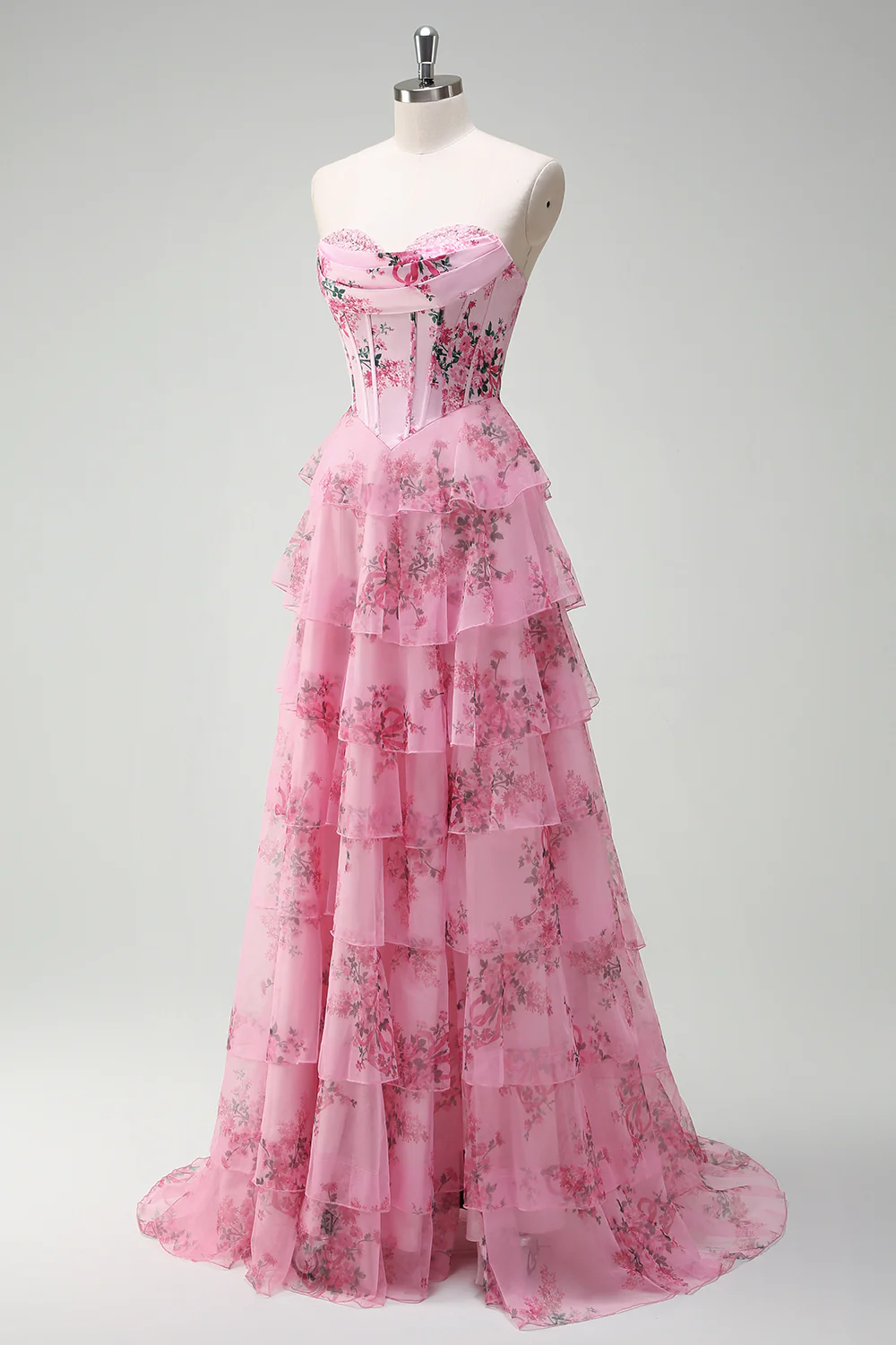 Blush Floral A-Line Tiered Sweetheart Long Prom Dress with Slit - VNBITS