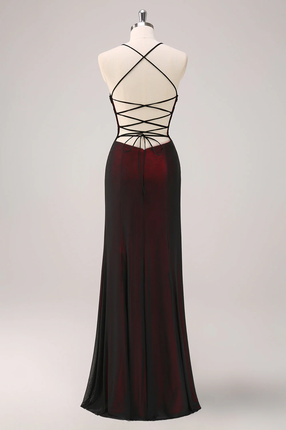 Black Red Spaghetti Straps Mermaid Long Bridesmaid Dress with Beading - VNBITS