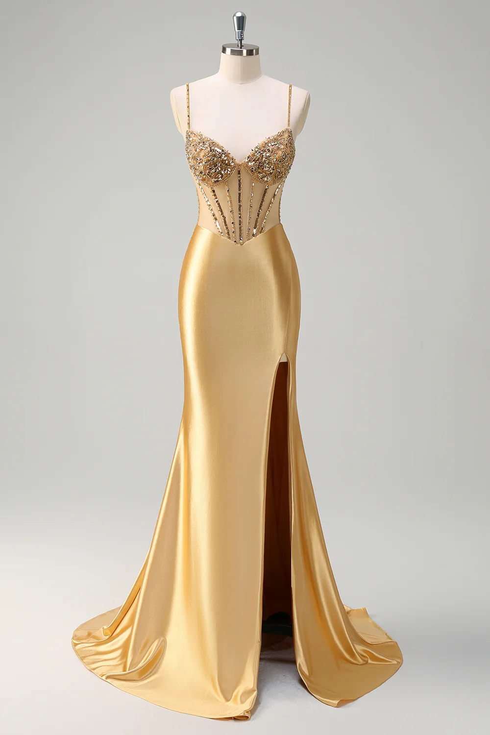 Golden Mermaid Sequined Spaghetti Straps Long Prom Dress with Slit - VNBITS
