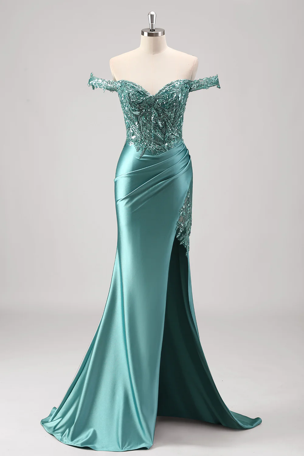 Grey Green Mermaid Applique Off The Shoulder Long Prom Dress with Slit - VNBITS