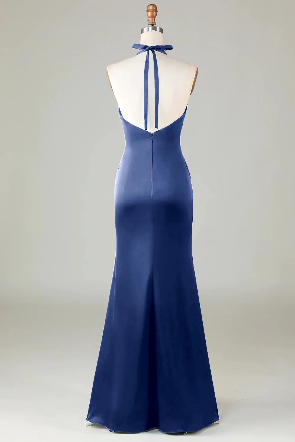 Mermaid Halter Dark Green Long Satin Bridesmaid Dress - VNBITS