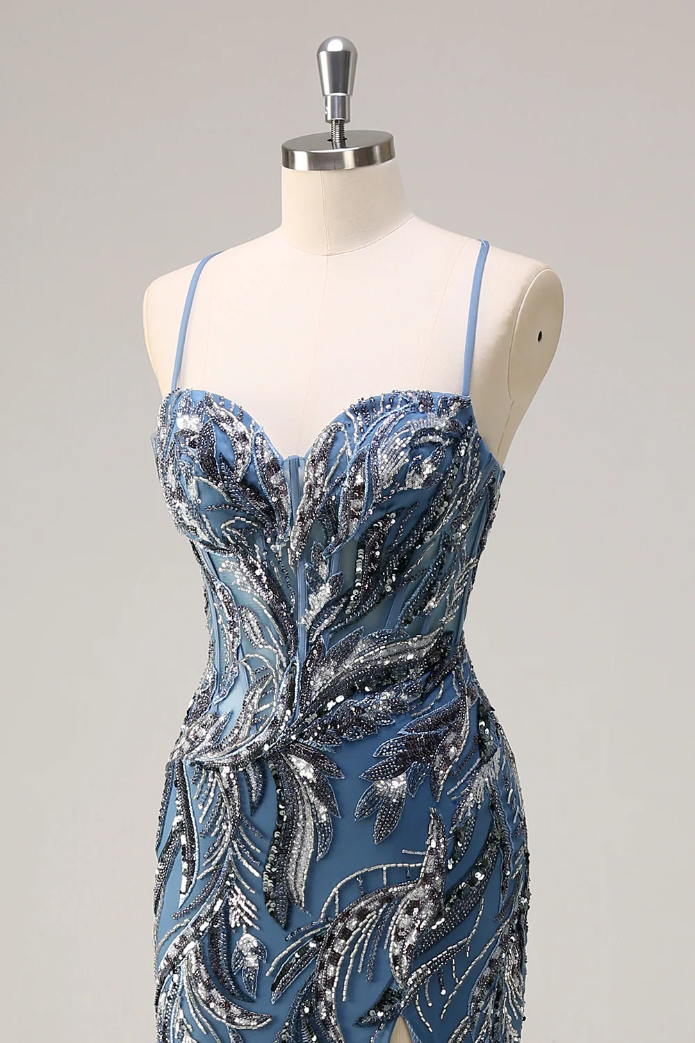 Sparkly Sage Mermaid Sequined Beaded Spaghetti Straps Long Prom Dress - VNBITS