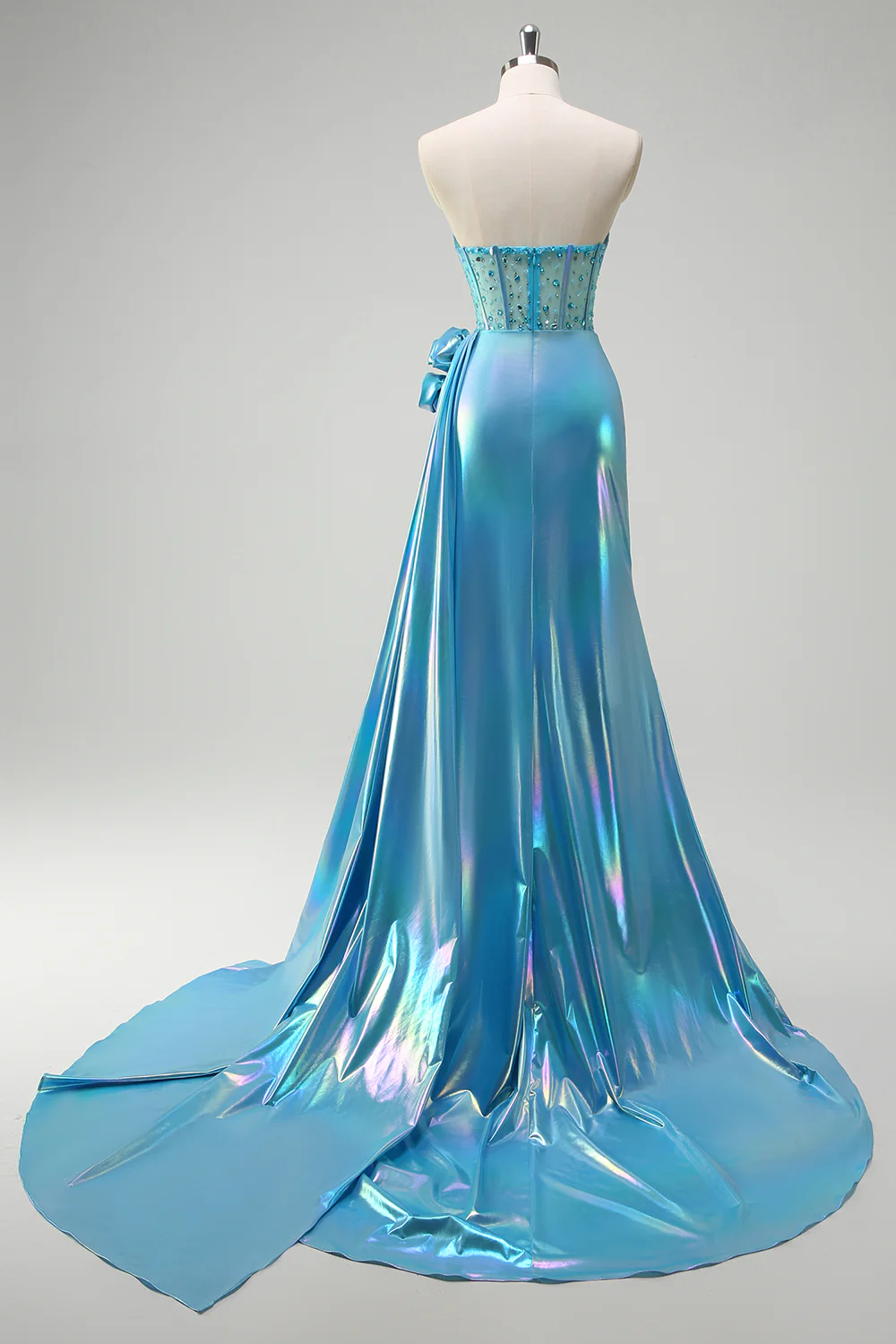 Sparkly Blue Flower Strapless Mermaid Long Prom Dress with Slit - VNBITS