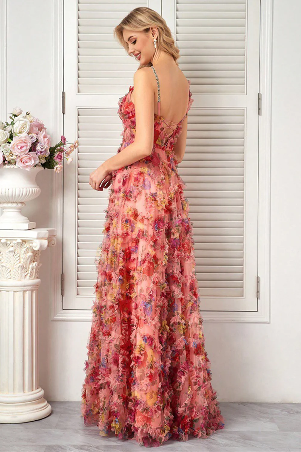 Floral Blush A Line Spaghetti Straps Long Prom Dress with Ruffles - VNBITS