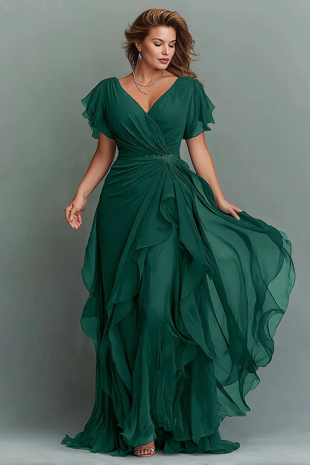 Navy Chiffon V-Neck Ruched Long  with Ruffles - VNBITS