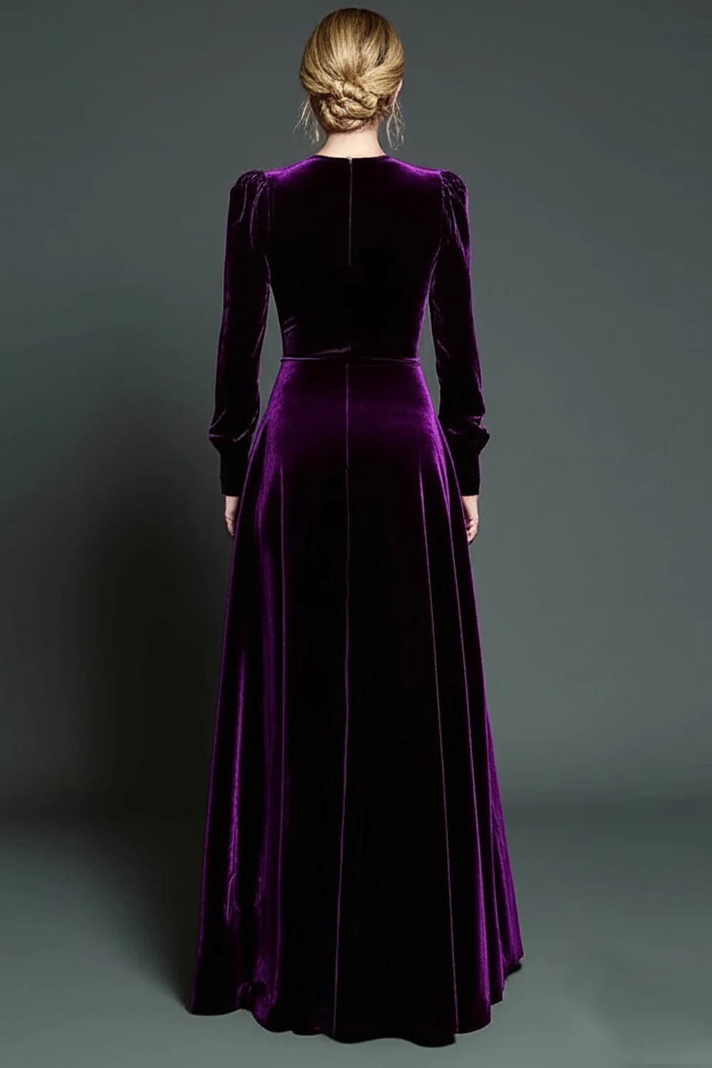 Simple Dark Purple Velvet A Line Long Holiday Party Dress with Sleeves - VNBITS