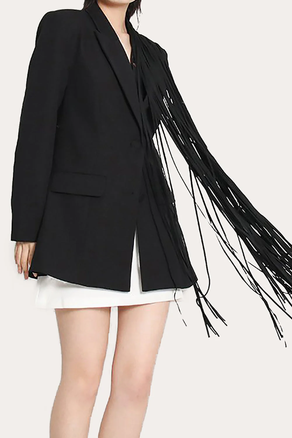 Black Fringed Peak Lapel Prom Women Blazer - VNBITS