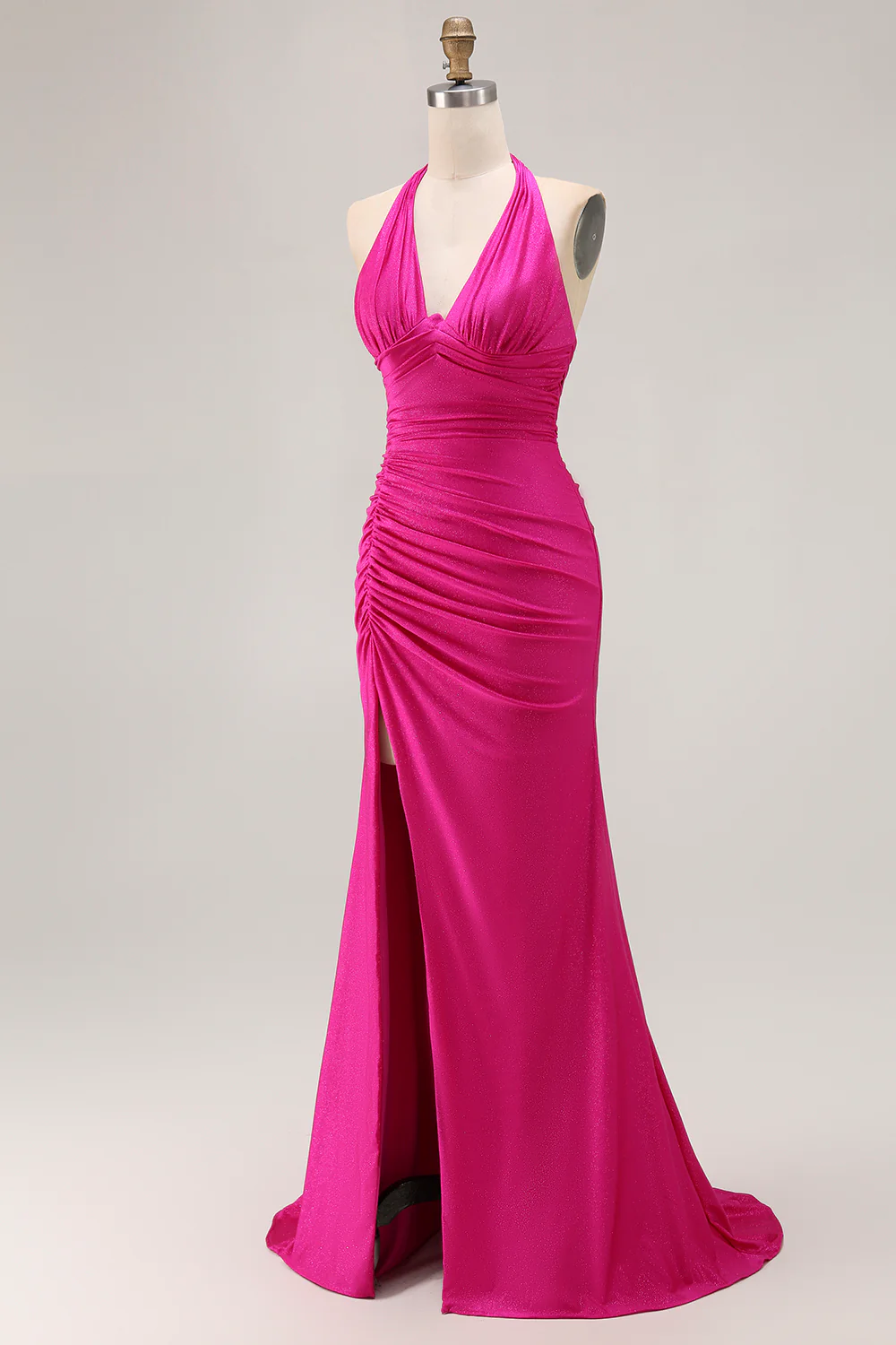 Fuchsia Glitter Halter Mermaid Ruched Long Prom Dress with Slit - VNBITS