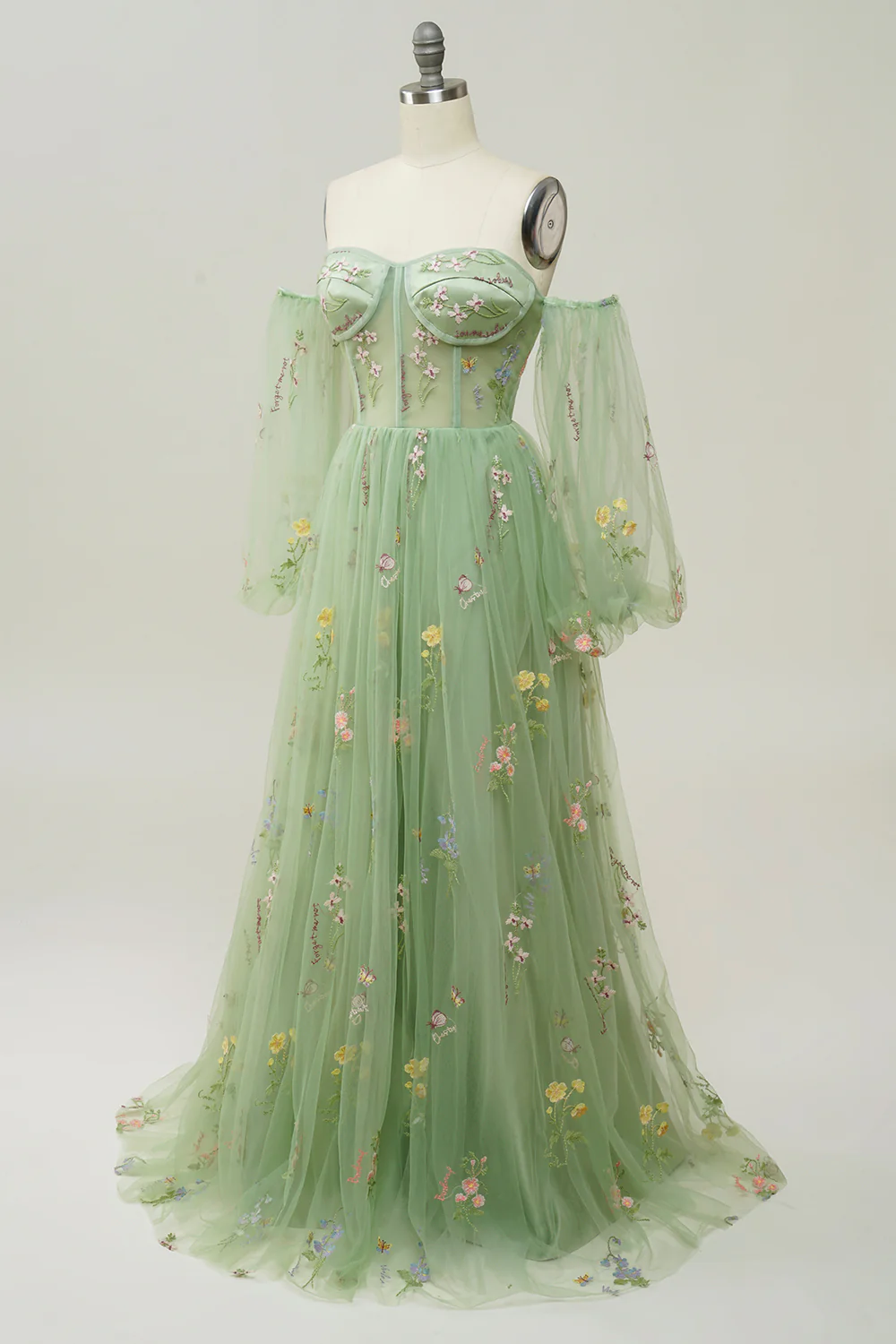 Green Off Shoulder Floral Long Prom Dress - VNBITS