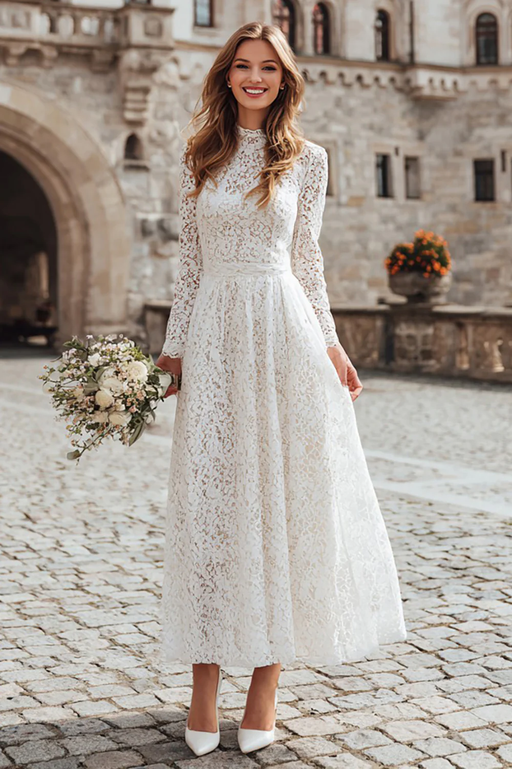 Ivory Lace A Line Long Sleeves Wedding Dress - VNBITS