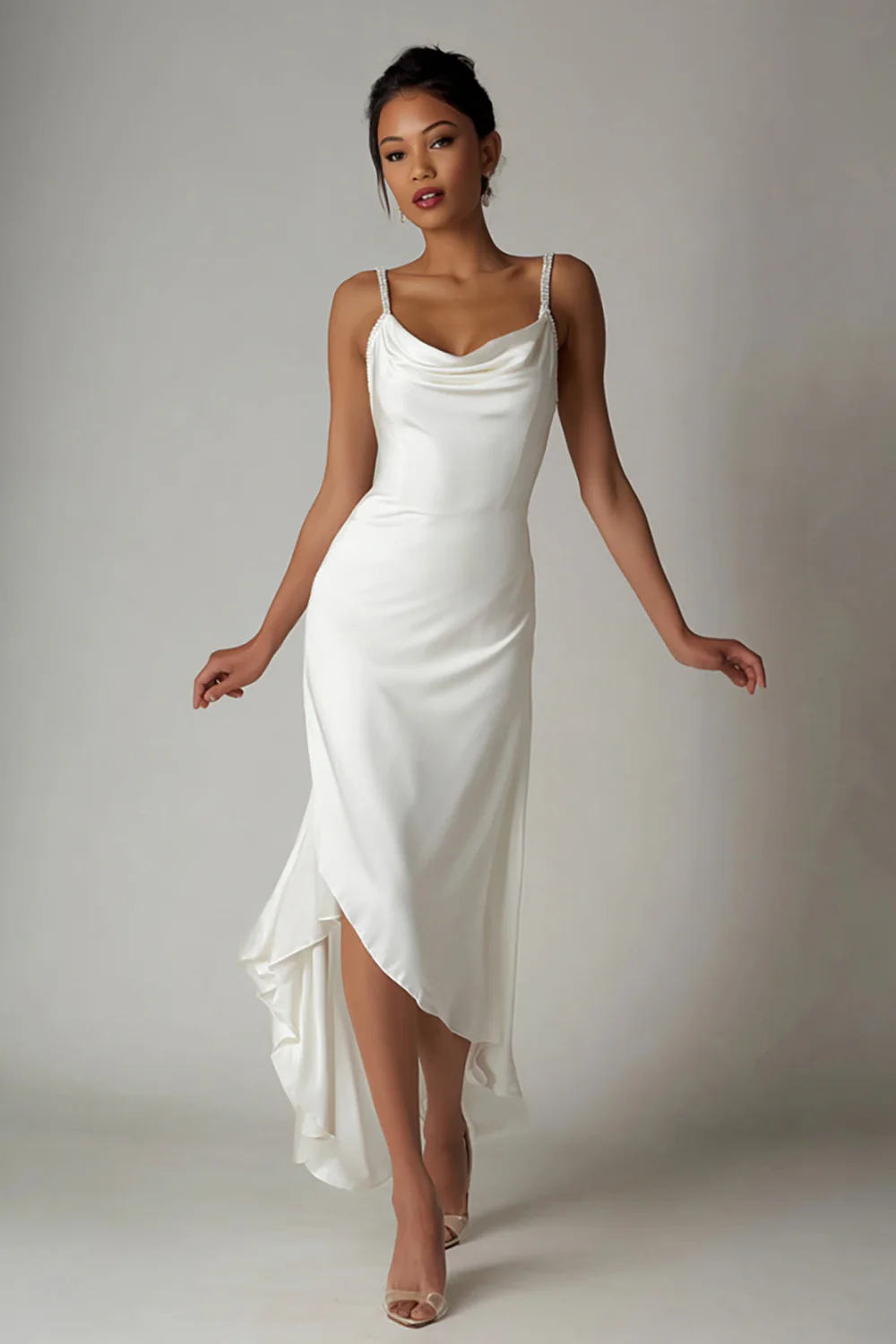 Simple White Spaghetti Straps Asymmetrical Engagement Dress - VNBITS