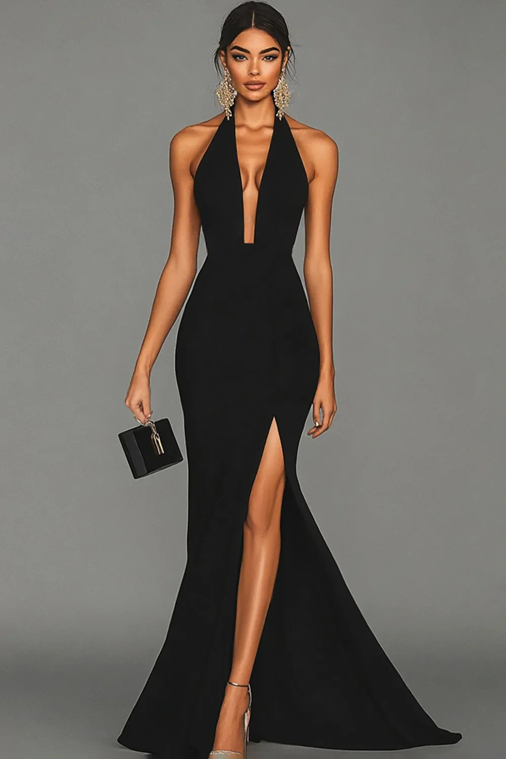 Black Mermaid Halter Neck Long Satin Formal Dress with Slit - VNBITS