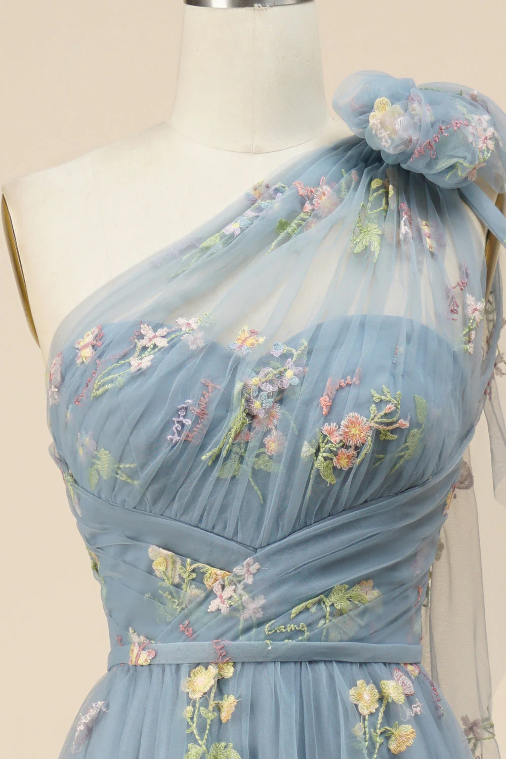 A-Line Grey Blue Long Prom Dress With Embroidery - VNBITS