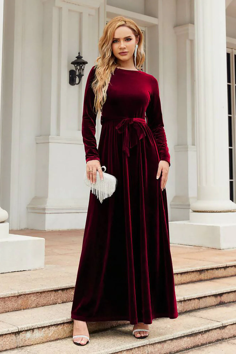 Long Sleeves A Line Velvet Holiday Party Dress - VNBITS