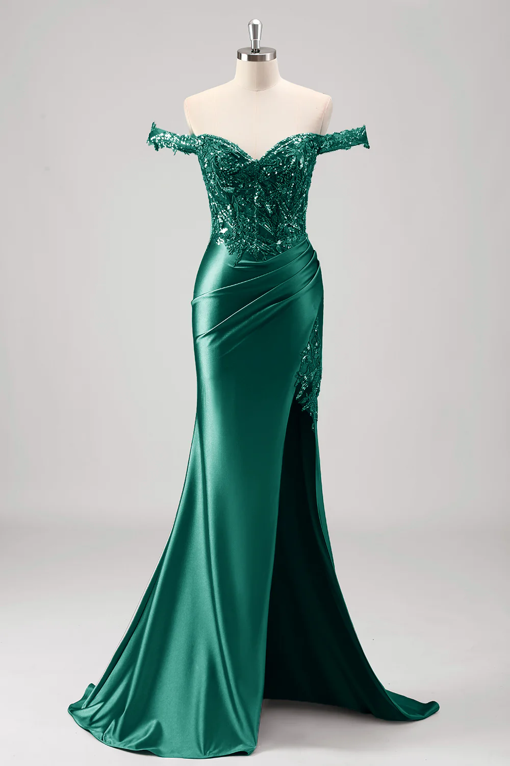 Grey Green Mermaid Applique Off The Shoulder Long Prom Dress with Slit - VNBITS