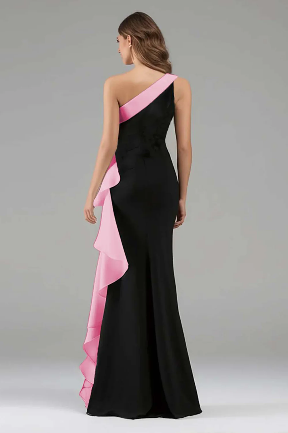 Black and Blue One Shoulder Long Formal Dress with Ruffles - VNBITS