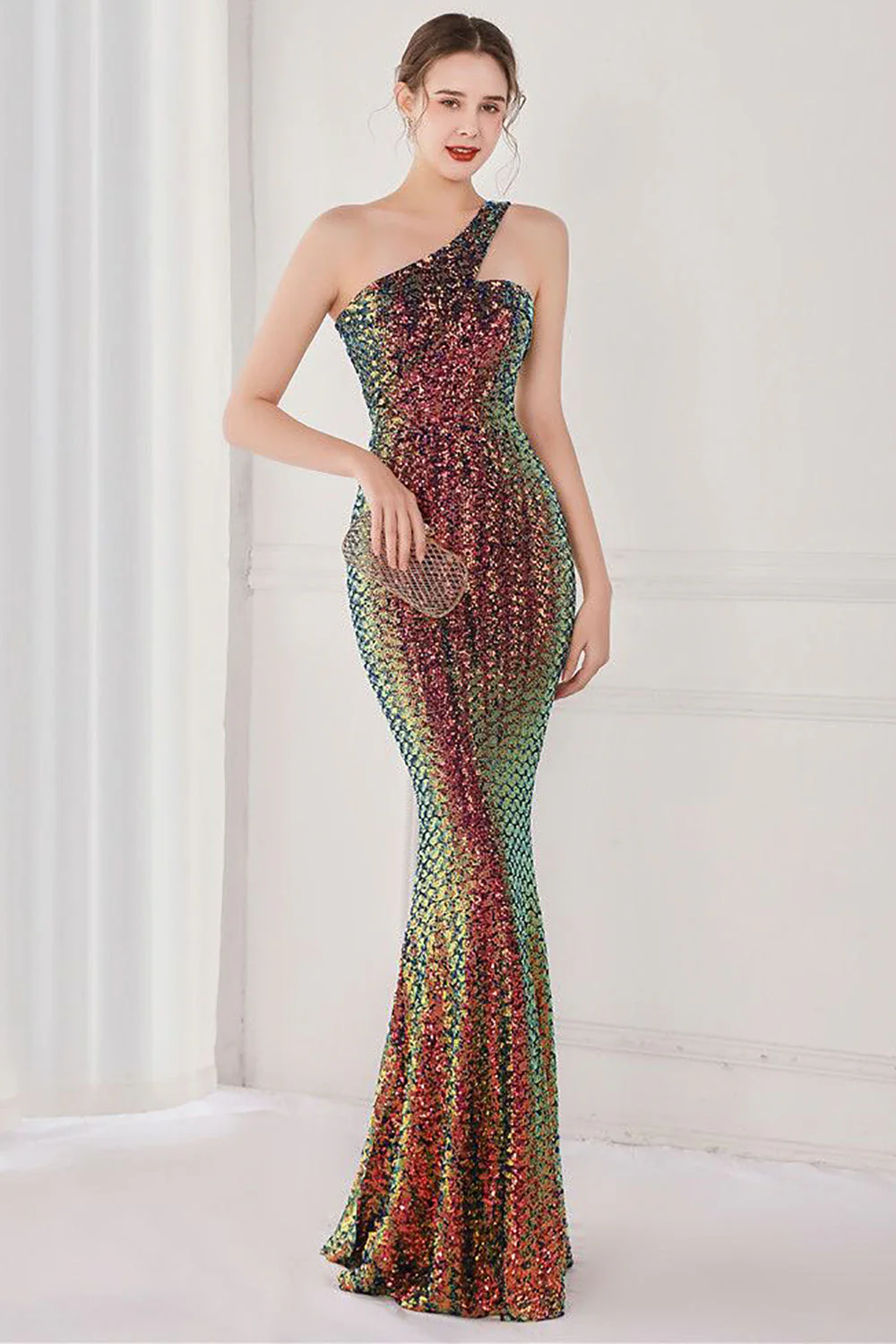 Colorful One Shoulder Sequined Mermaid Evening Dress - VNBITS