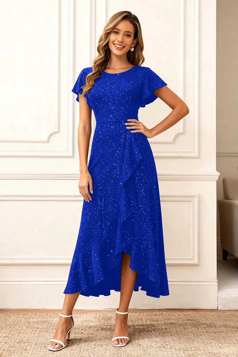 Black Round Neck Midi Glitter Holiday Party Dress with Sleeves - VNBITS