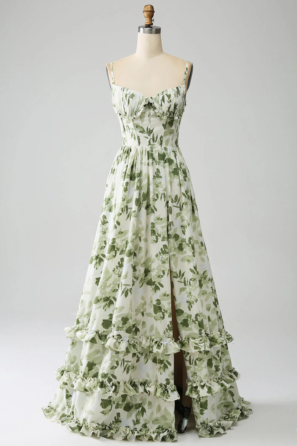 Green A-Line Spaghetti Straps Printed Pleated Long Prom Dress With Slit - VNBITS