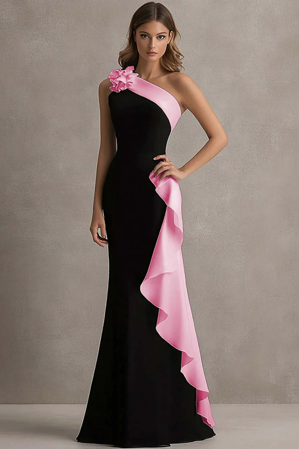 Black and Blue One Shoulder Long Formal Dress with Ruffles - VNBITS
