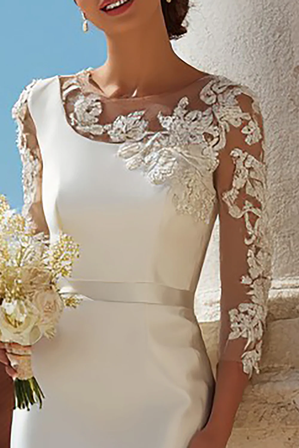 Ivory Bodycon Appliqued Midi Wedding Dress with Sleeves - VNBITS