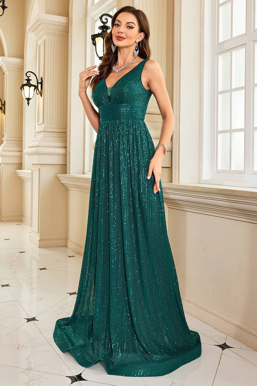 Sequins A Line V-neck Dark Green Formal Dress - VNBITS