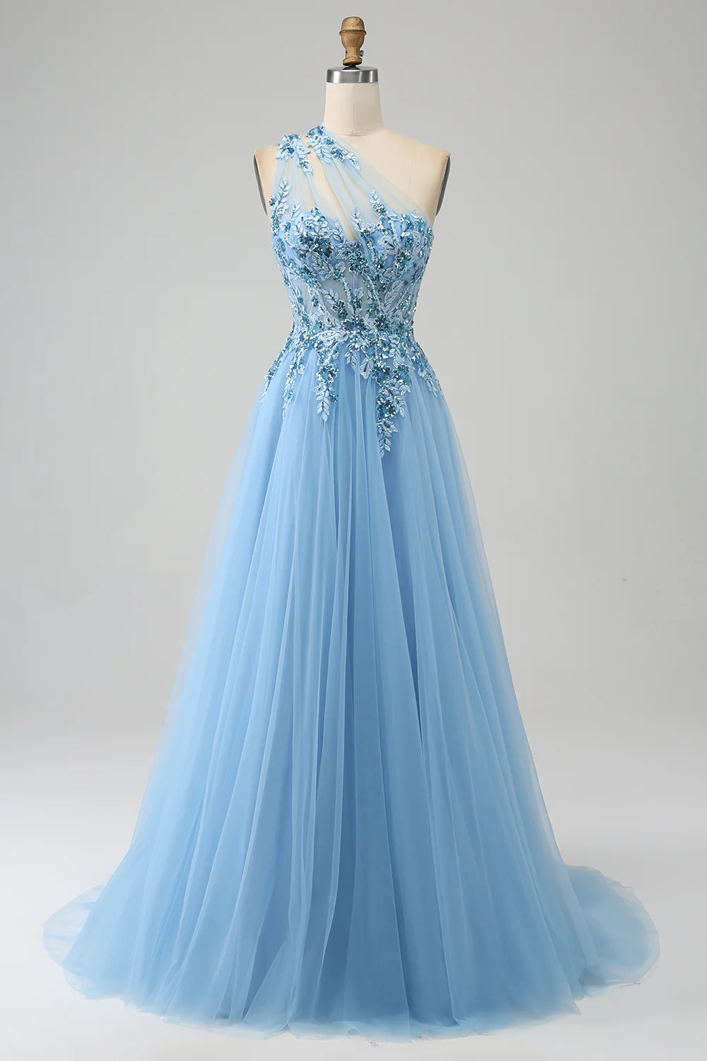 Light Blue A-Line One Shoulder Sequin Prom Dress with Appliques - VNBITS