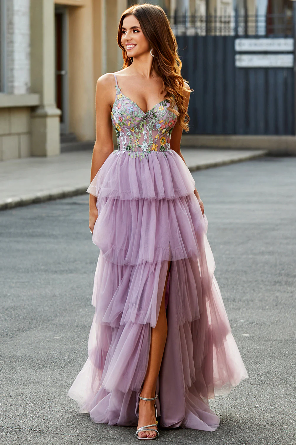 A-Line Tulle Long Corset Tiered Mauve Prom Dress With Appliques - VNBITS