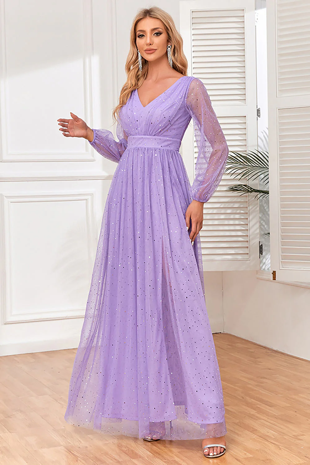 A-Line Long Sleeves Lilac Holiday Party Dress with Slit - VNBITS