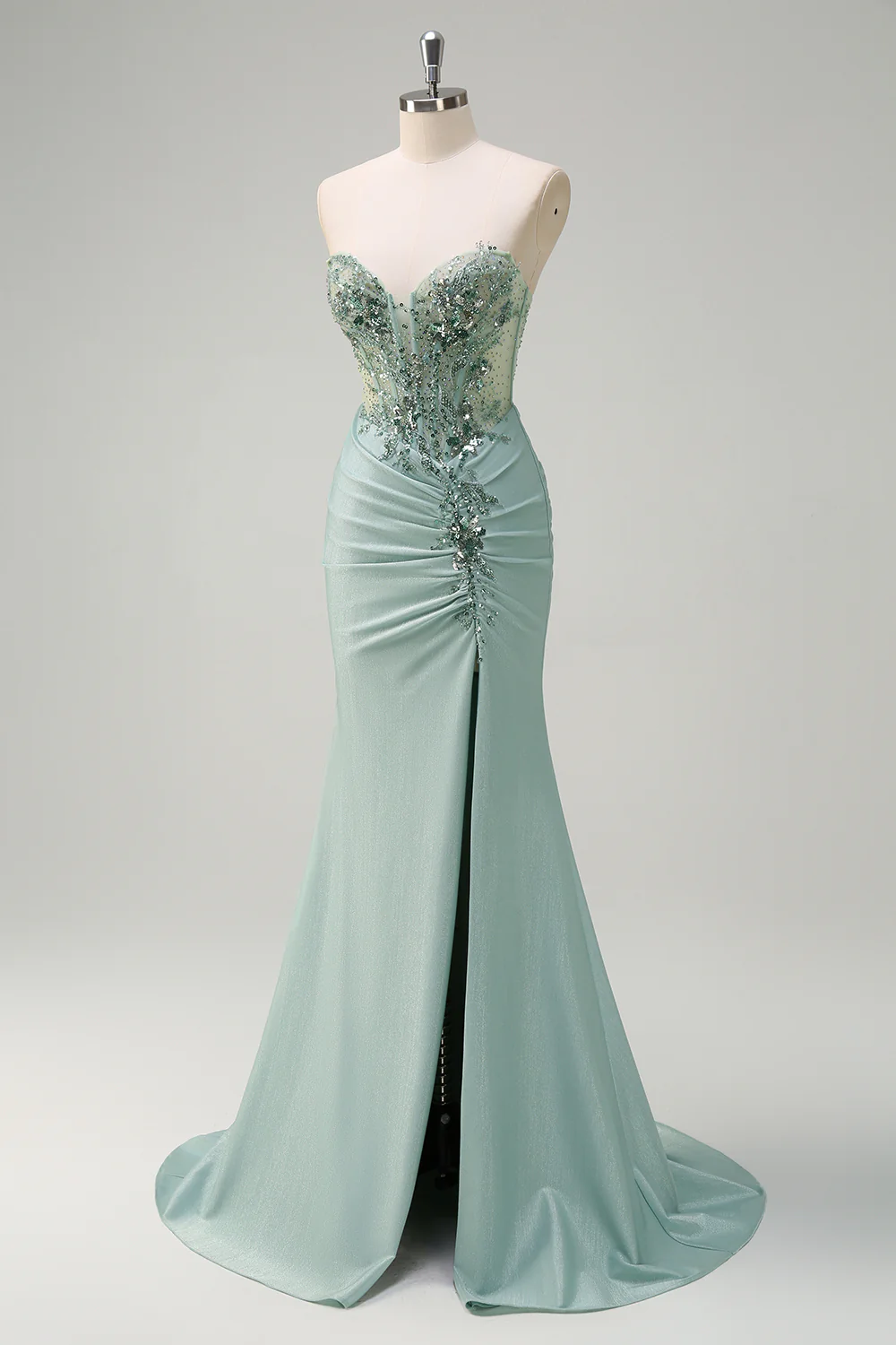 Grey Green Mermaid Sequined Sweetheart Long Prom Dress with Slit - VNBITS