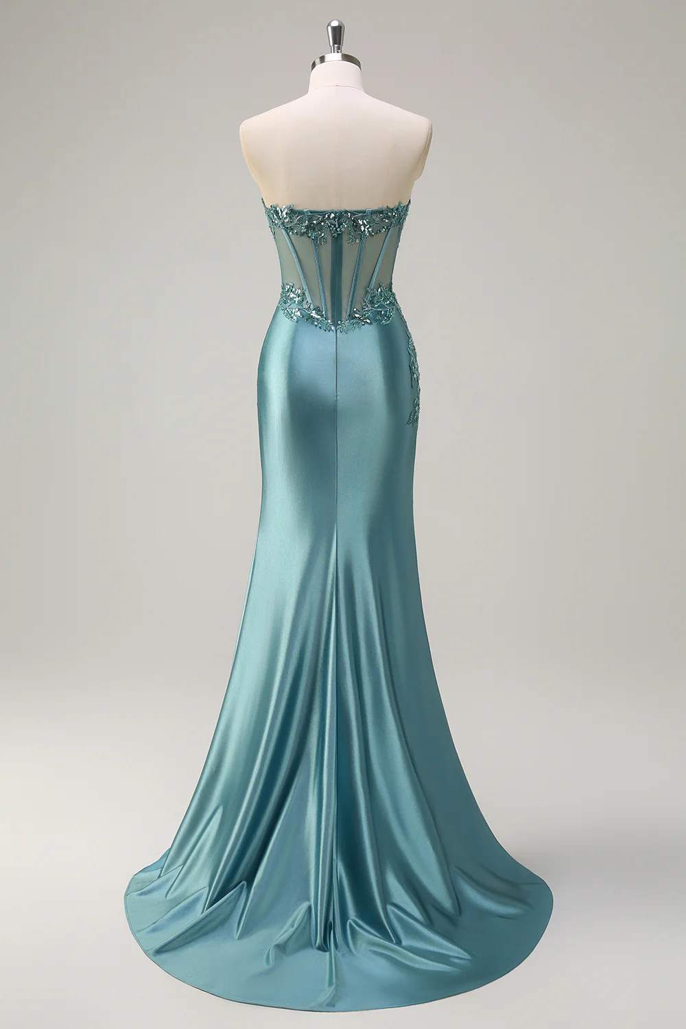 Grey Green Satin Mermaid Applique Long Prom Dress with Slit - VNBITS