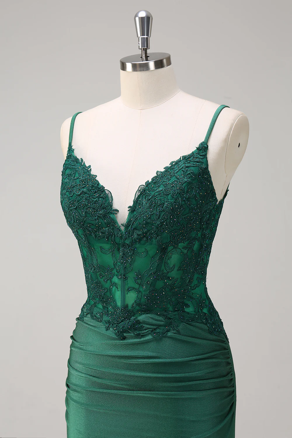 Dark Green V-Neck Mermaid Applique Spaghetti Straps Long Prom Dress - VNBITS