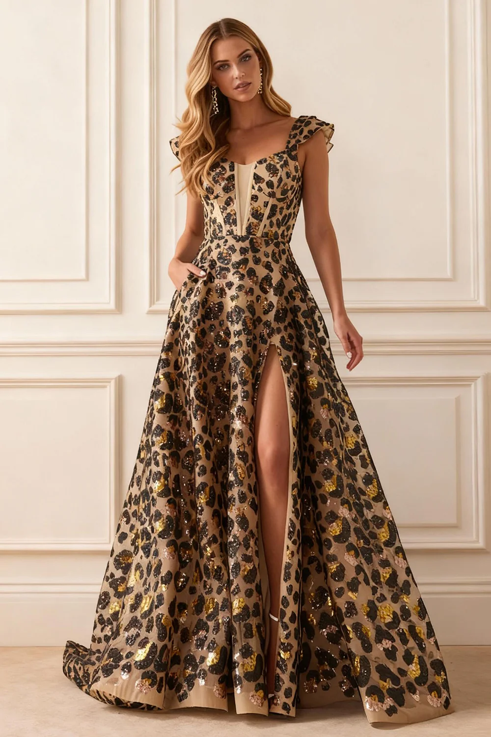 Sparkly Khaki Leopard A Line Long Corset Prom Dress with Slit - VNBITS