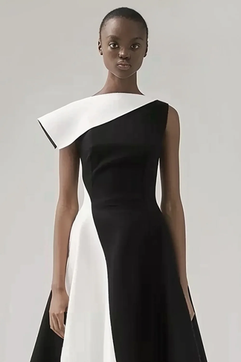 Black and White Patchwork A Line Asymmetrical Neck Black Tie Dress - VNBITS